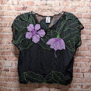 Phoenix Blouse with Purple Floral Design 100% Rayon VINTAGE Size M
